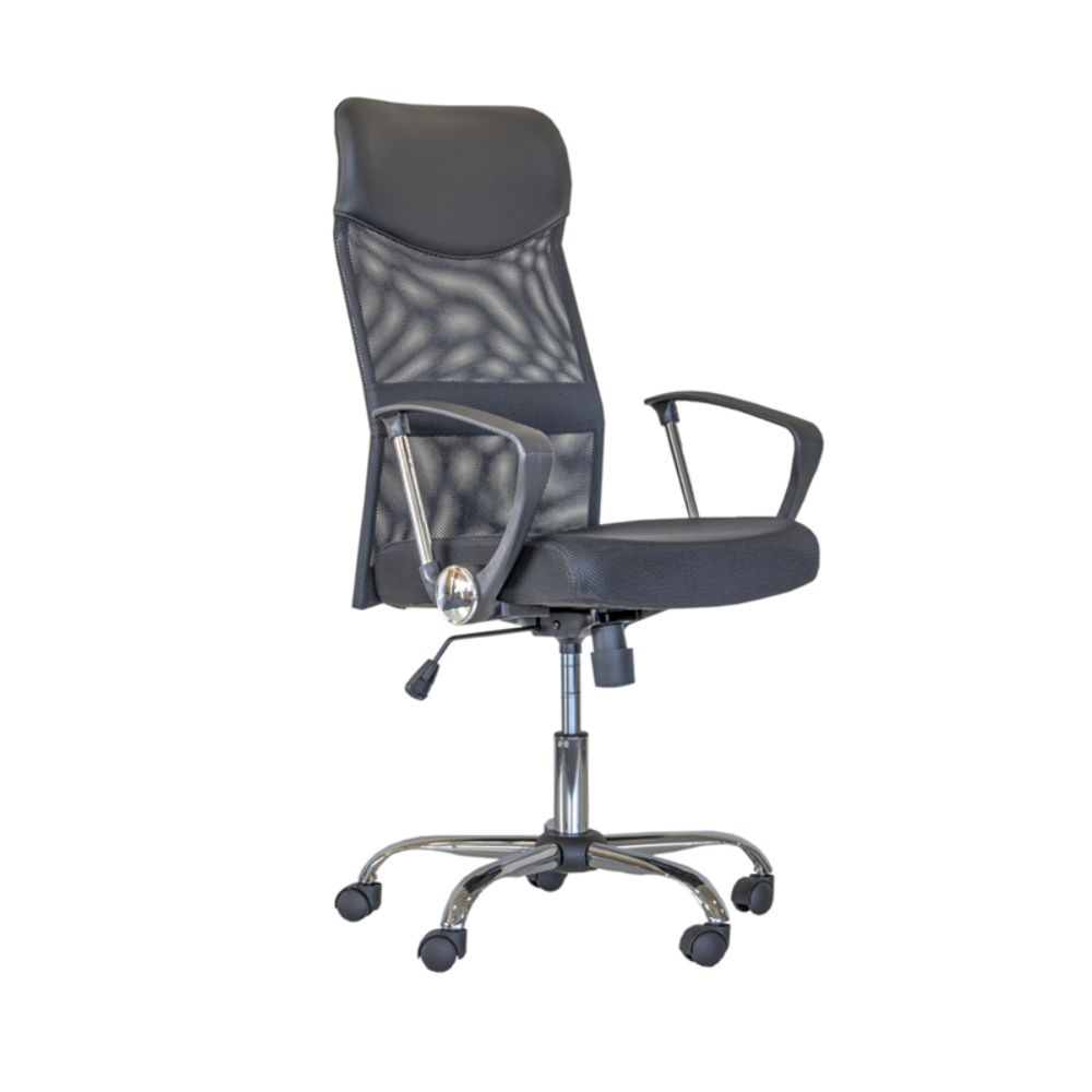 Gray office chair with mesh backrest on a white background