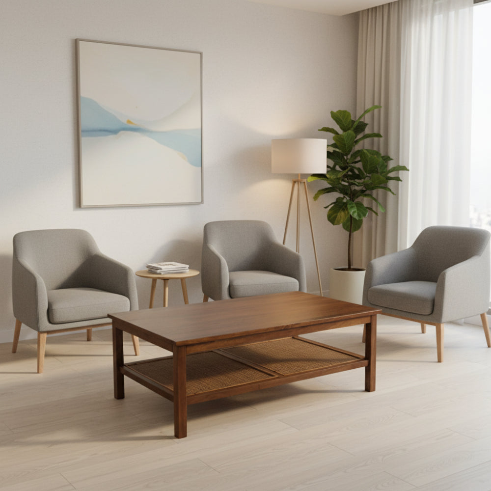 Wooden coffee table with a shelf on a white background