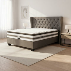 Gray and white mattress with 'Restonic' branding on a white background