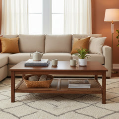Wooden coffee table with a shelf on a white background
