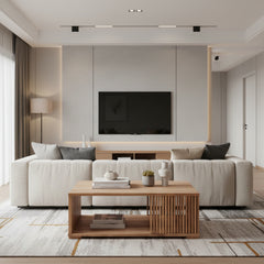 Wooden coffee table with slatted design on a white background