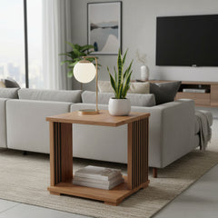 Wooden side table with a striped design on a white background