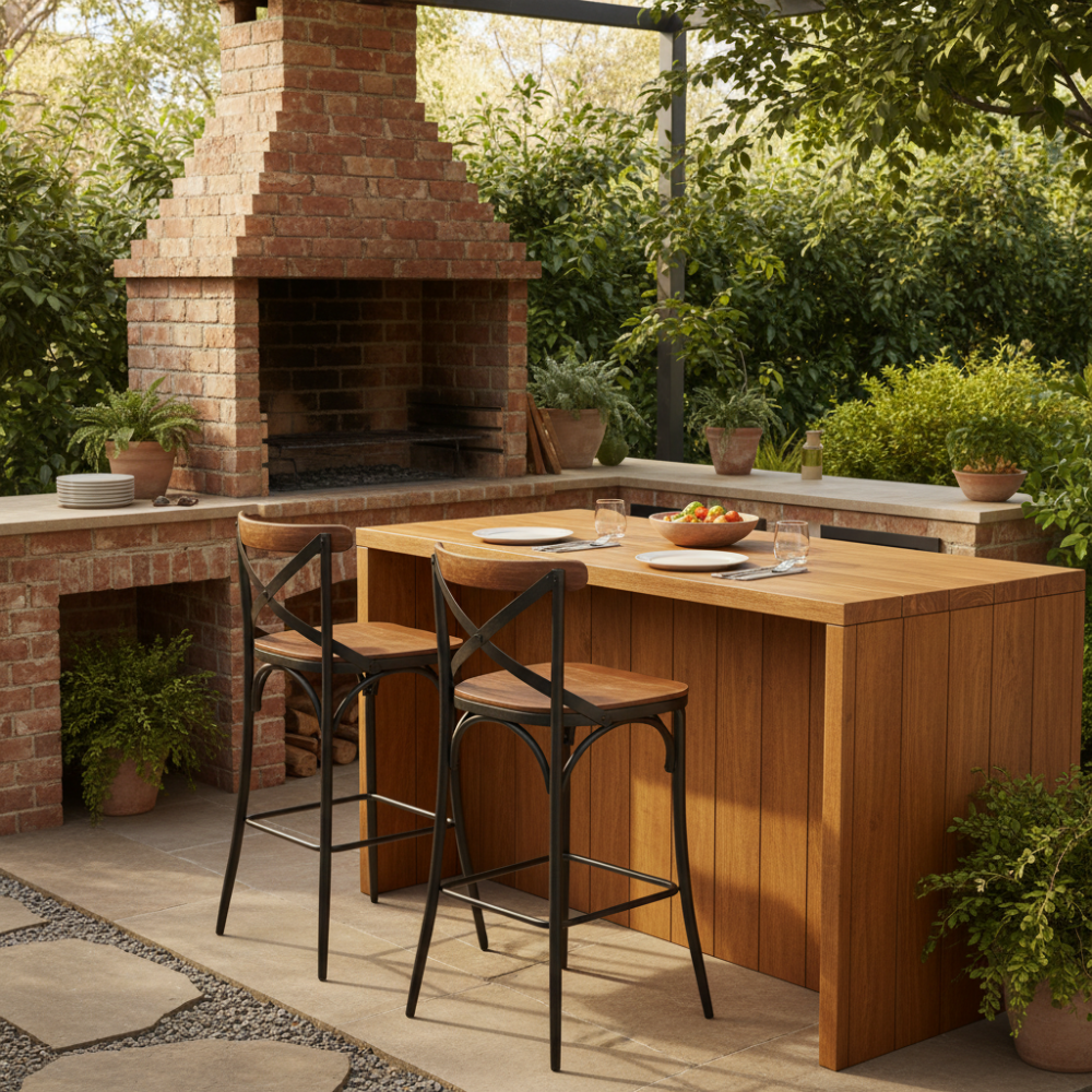 Two wooden bar stools with metal frames on a white background