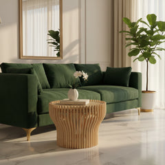 Round rattan table with woven top on a white background