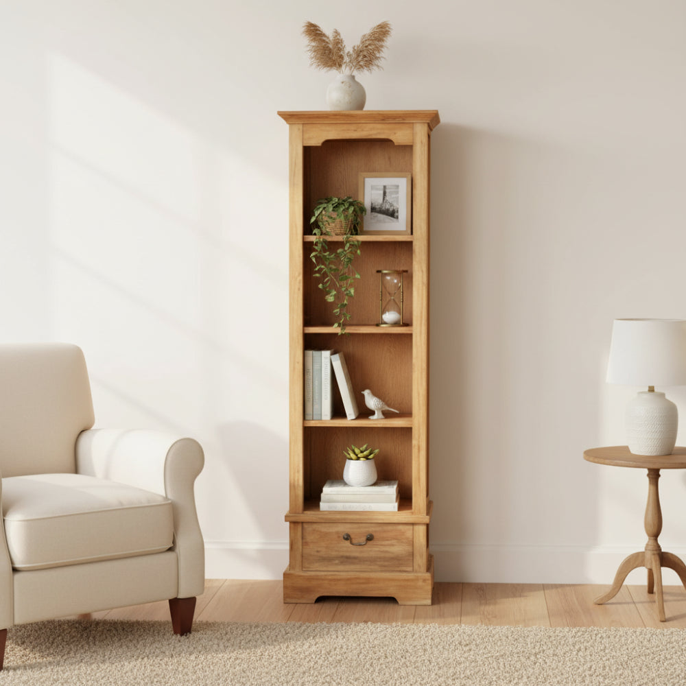 Wooden bookshelf with a single drawer on a white background
