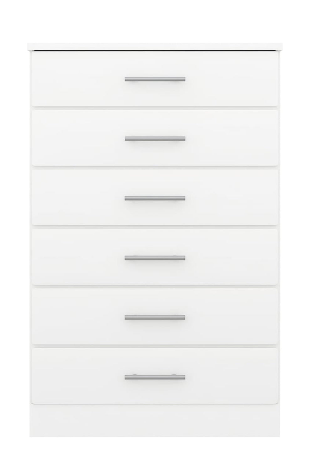 White dresser with five drawers on a white background