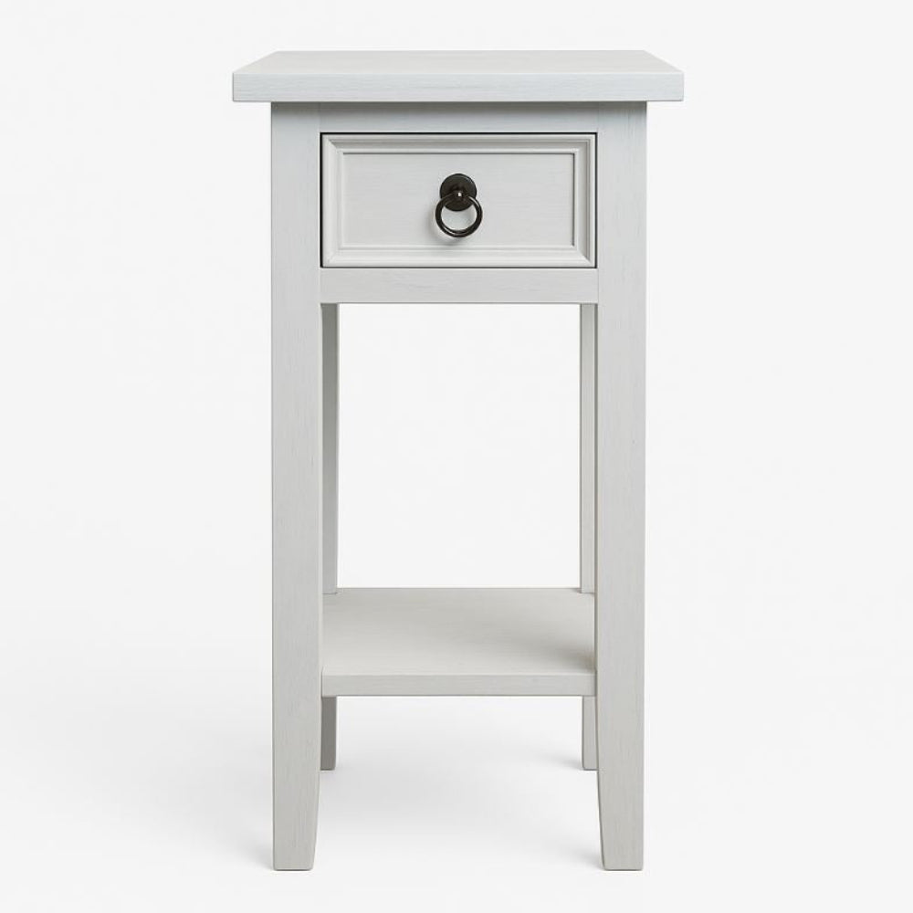 White side table with a drawer on a white background