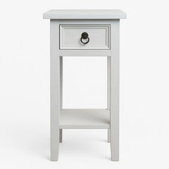 White side table with a drawer on a white background