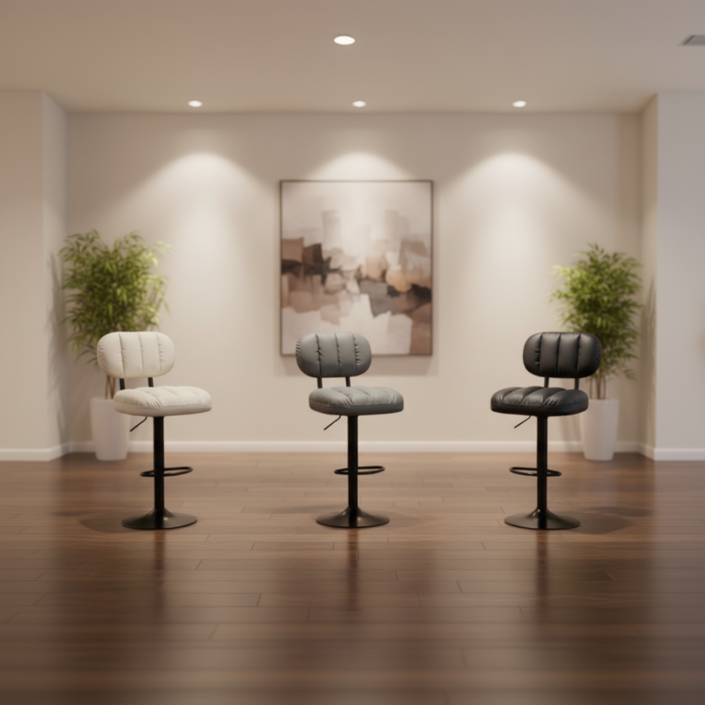 Three bar stools with different seat colors on a white background